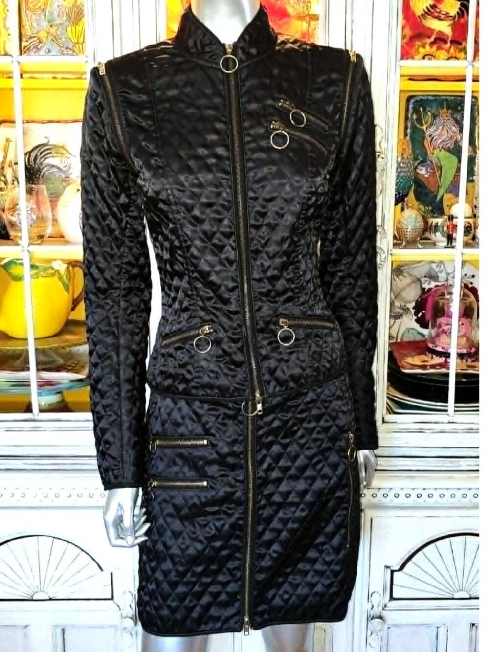 Vintage Betsey Johnson New York 90s Quilted Motorcycle Jacket / Vest Coat Skirt - Picture 2 of 16